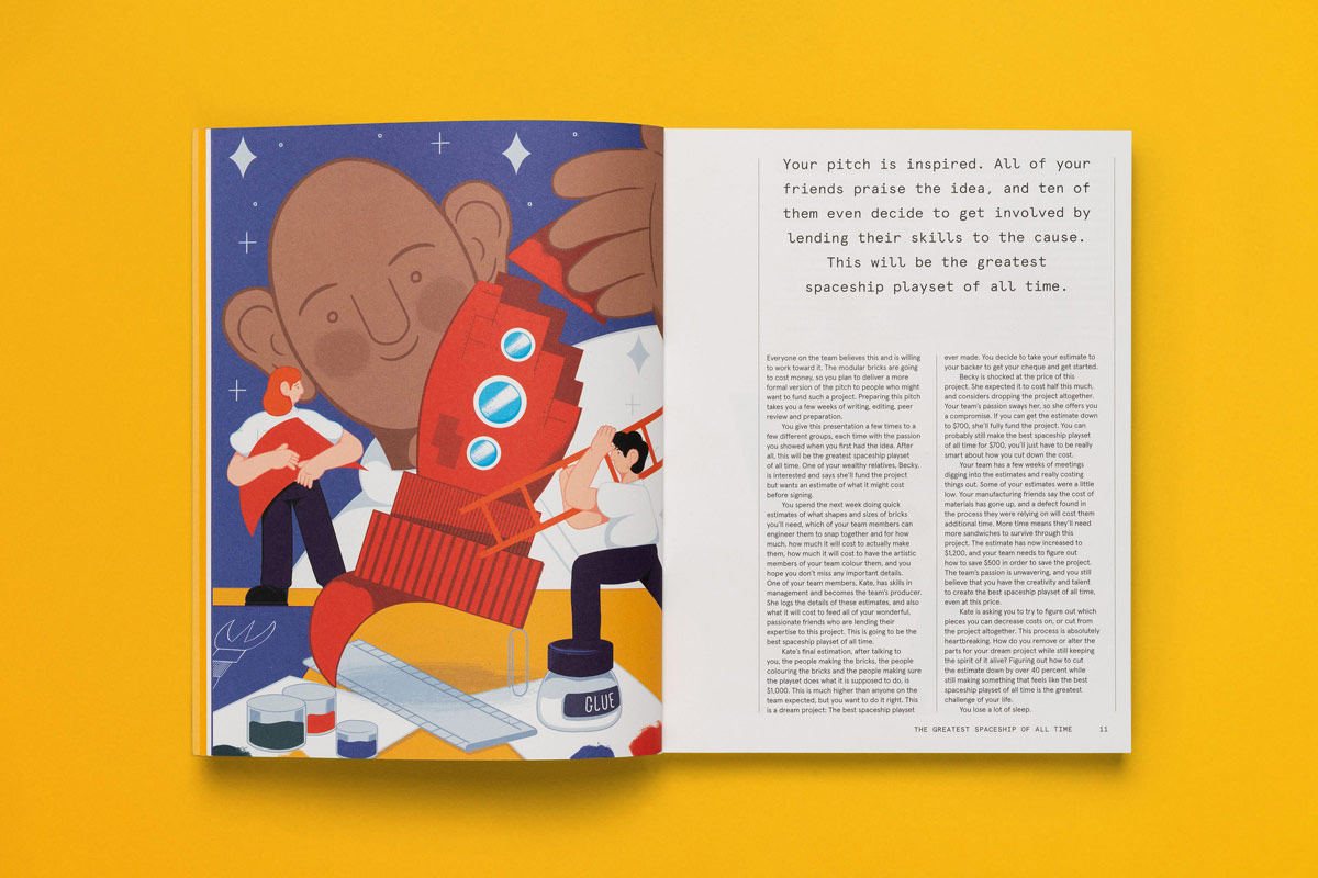 magazine spread with illustration of people making a toy spaceship