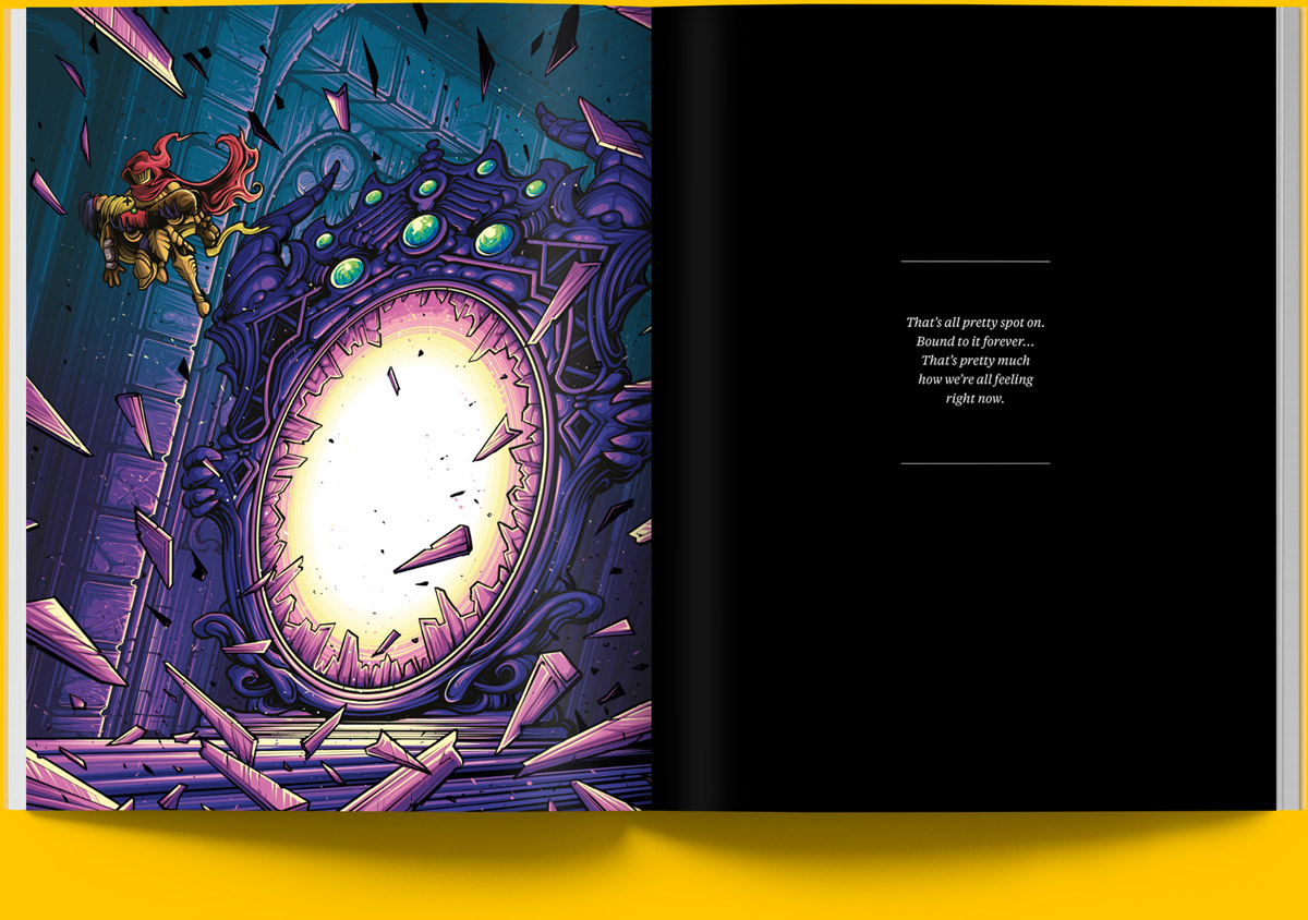Magazine spread of an illustrated Specter of Torment Scene by Dan Mumford