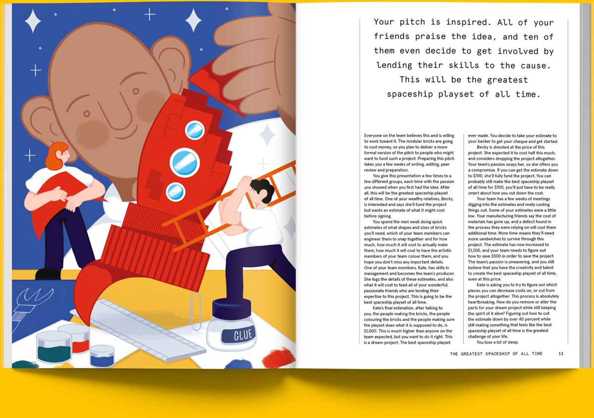 Magazine spread of article on comparing game development to building a model spaceship
