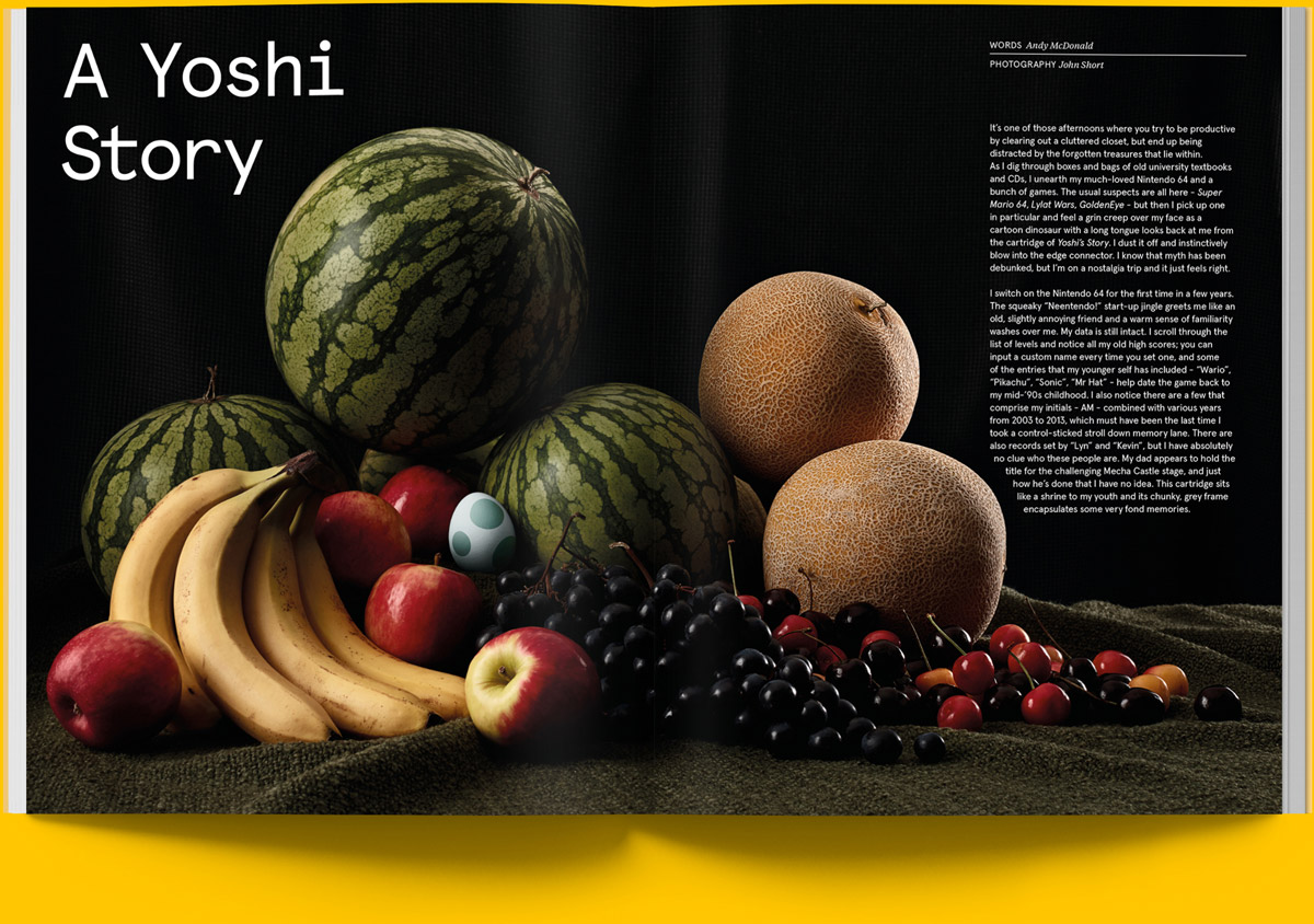 Magazine spread of article on the Yoshi series with still life photography